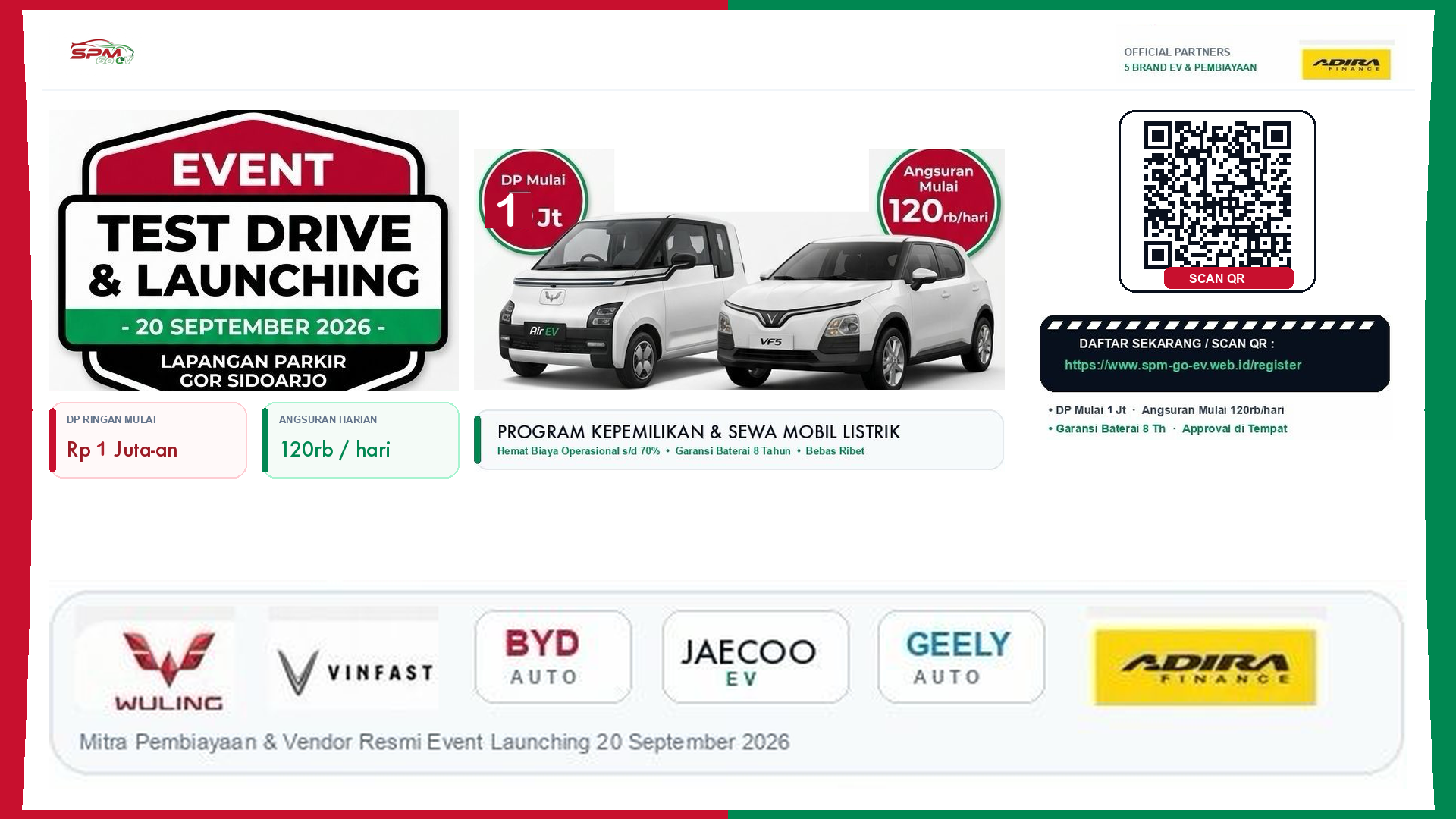 Banner resmi Event Test Drive & Launching SPM GoEV, 20 September 2026 di Lapangan Parkir GOR Sidoarjo — DP mulai 1 Jt, angsuran mulai 120rb/hari, bersama Wuling, VinFast, BYD, Jaecoo, Geely, dan Adira Finance